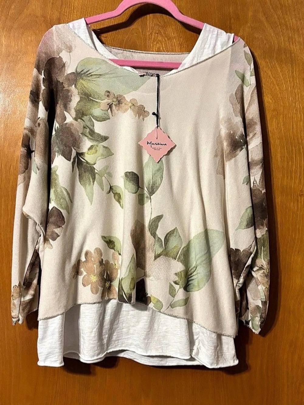 Marisima Made in Italy Floral Layered Blouse in Cream & Green Like New
